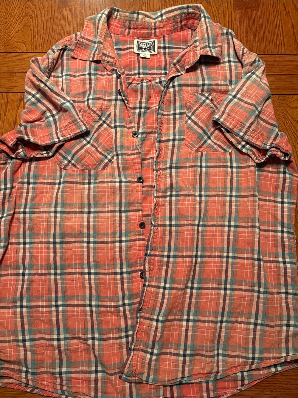 Converse Coral and Teal Plaid Short-Sleeve Button-Up Shirt